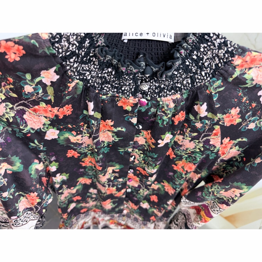 Alice + Olivia Janis Mini Dress Mock Neck Dream Castle Floral Black White 0 - Picture 11 of 16